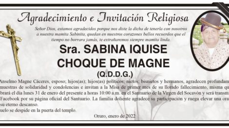 Agradecimiento e Invitación Religiosa por Sabina Iquise Choque de Magne