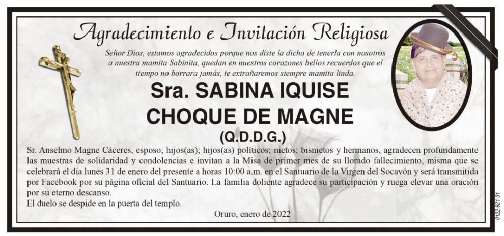 Agradecimiento e Invitación Religiosa por Sabina Iquise Choque de Magne