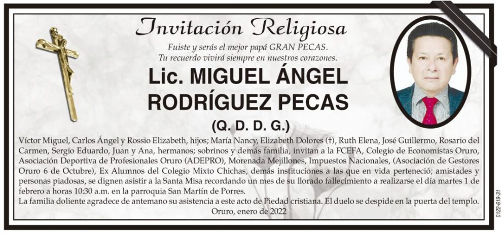 Lic. Miguel Ángel Rodríguez Pecas, obituario y recordatorio familiar