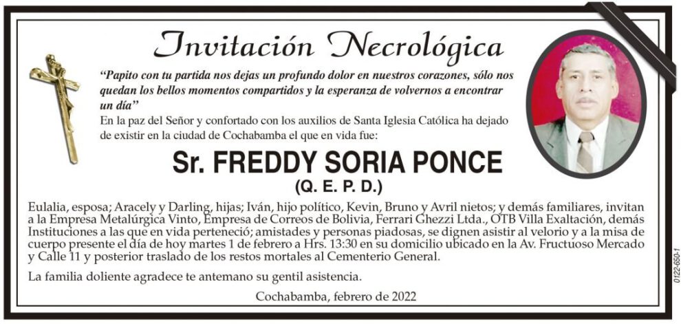 Invitación Necrológica Freddy Soria Ponce