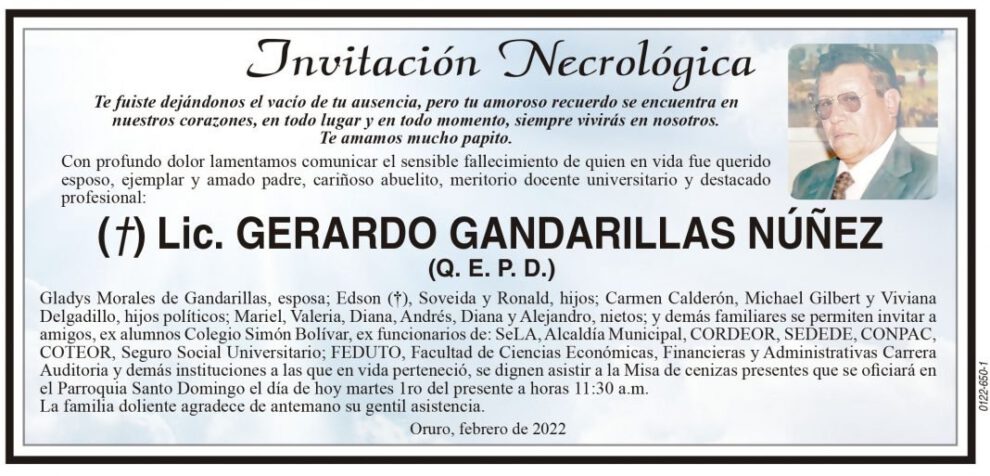 Invitación Necrológica Lic. Gerardo Gandarillas Núñez