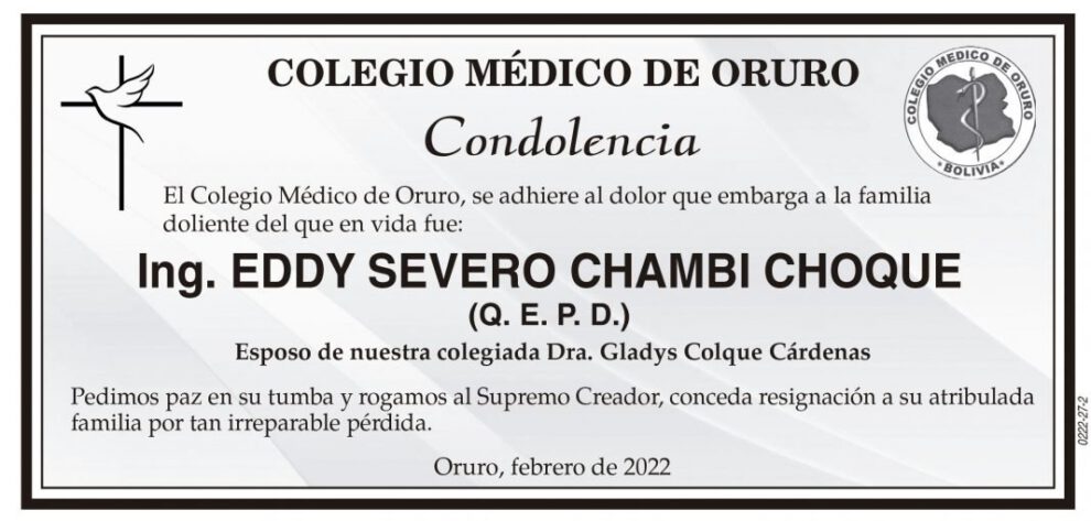 Condolencia por el fallecimiento de Ing. Eddy Severo Chambi Choque