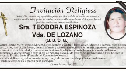 Invitación Religiosa para Teodora Espinoza Vda. de Lozano