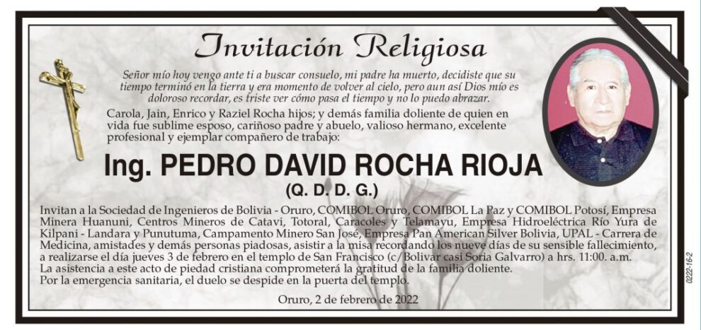 Ing. Pedro David Rocha Rioja obituario