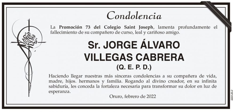 Condolencia por el fallecimiento de Jorge Álvaro Villegas Cabrera