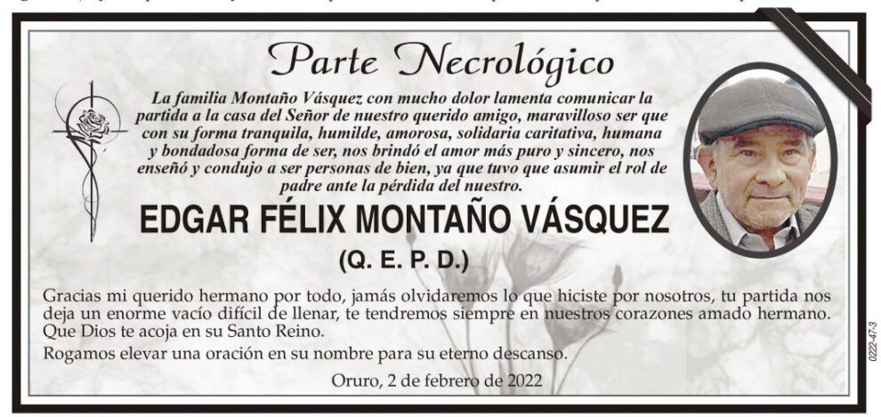 Parte Necrológico de Edgar Félix Montaño Vásquez