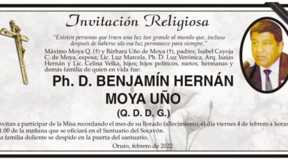 Invitación Religiosa: Ph. D. Benjamín Hernán Moya Uño
