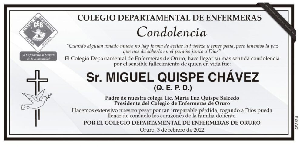 Condolencia por el fallecimiento de Miguel Quispe Chávez