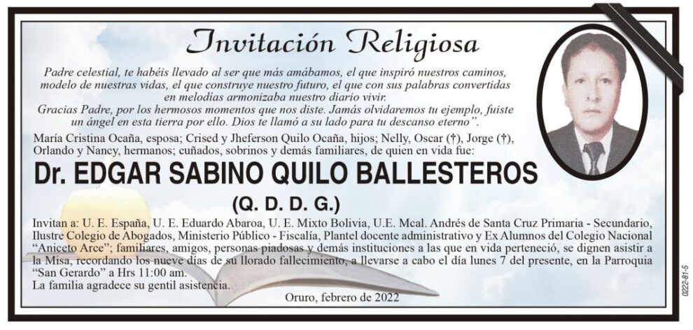 Invitación Religiosa para Dr. Edgar Sabino Quilo Ballesteros