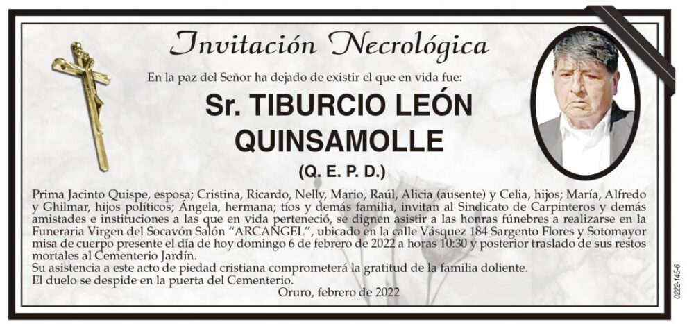 Invitación necrológica para Tiburcio León Quinsamolle