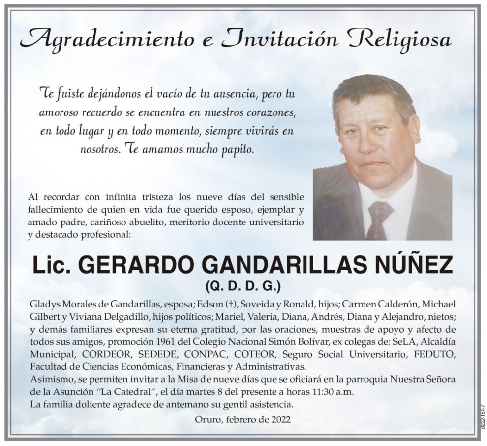 Agradecimiento e Invitación Religiosa por Lic. Gerardo Gandarillas Núñez