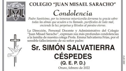Condolencia por el fallecimiento de Simón Salvatierra Céspedes