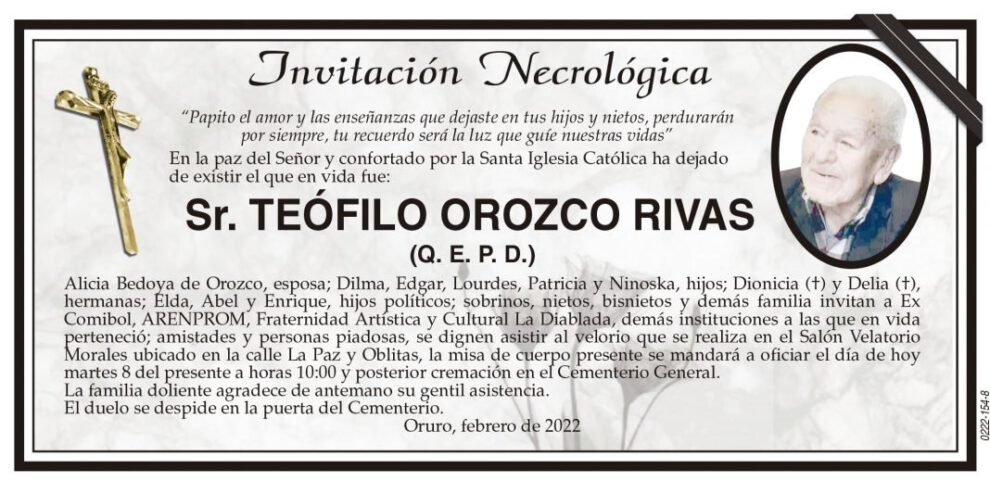 Invitación Necrológica para Teófilo Orozco Rivas