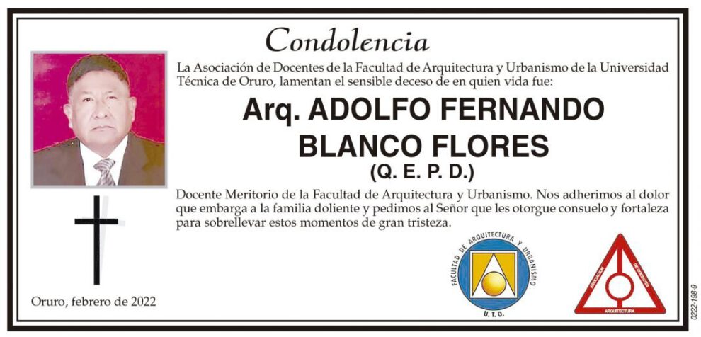 Condolencia por el fallecimiento del Arq. Adolfo Fernando Blanco Flores