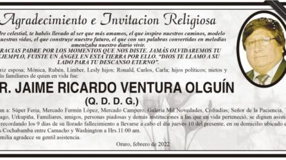 Agradecimiento e invitación religiosa para Jaime Ricardo Ventura Olguín