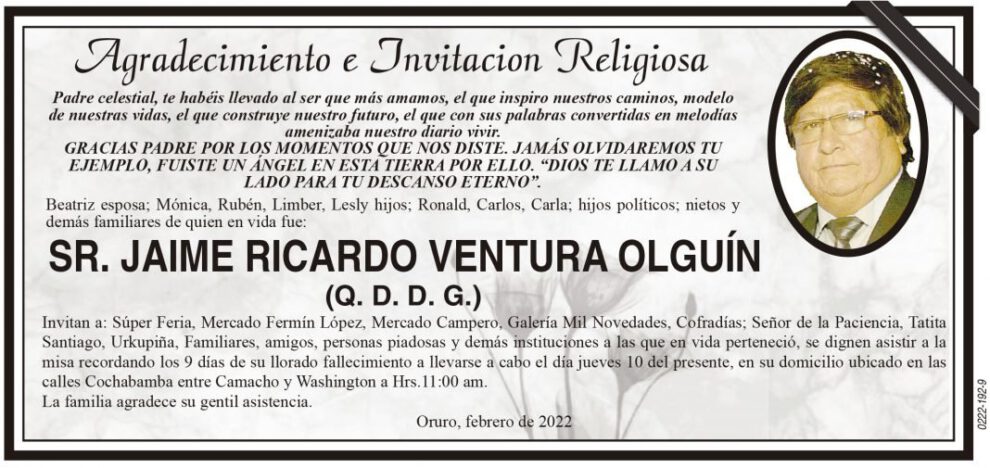 Agradecimiento e invitación religiosa para Jaime Ricardo Ventura Olguín