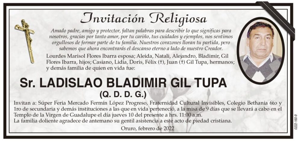 Invitación Religiosa para LADISLAO BLADIMIR GIL TUPA