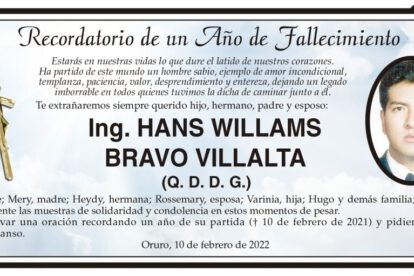Recordatorio de un Año de fallecimiento de Hans Willams Bravo Villalta