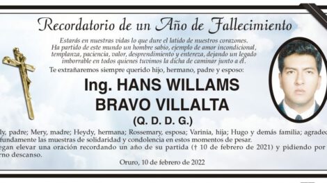 Recordatorio de un Año de fallecimiento de Hans Willams Bravo Villalta