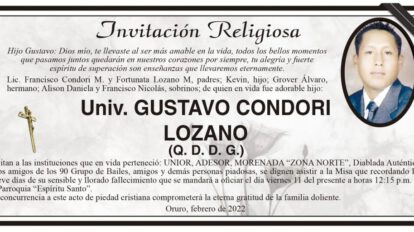 Invitación Religiosa para Univ. Gustavo Condori Lozano