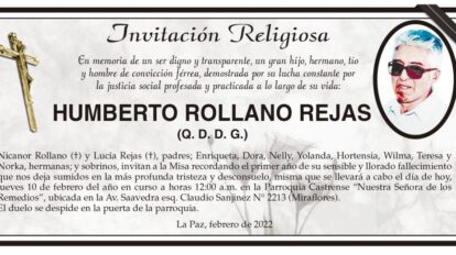 Invitación Religiosa en memoria de Humberto Rollano Rejas