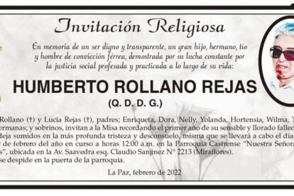 Invitación Religiosa en memoria de Humberto Rollano Rejas