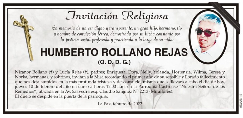Invitación Religiosa en memoria de Humberto Rollano Rejas