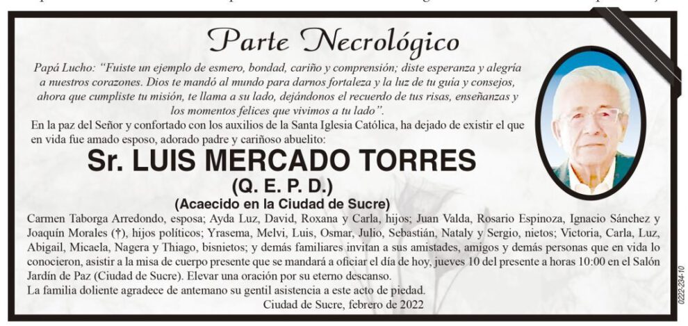 Parte Necrológico de Luis Mercado Torres