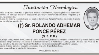 Invitación Necrológica para Rolando Adhemar Ponce Pérez