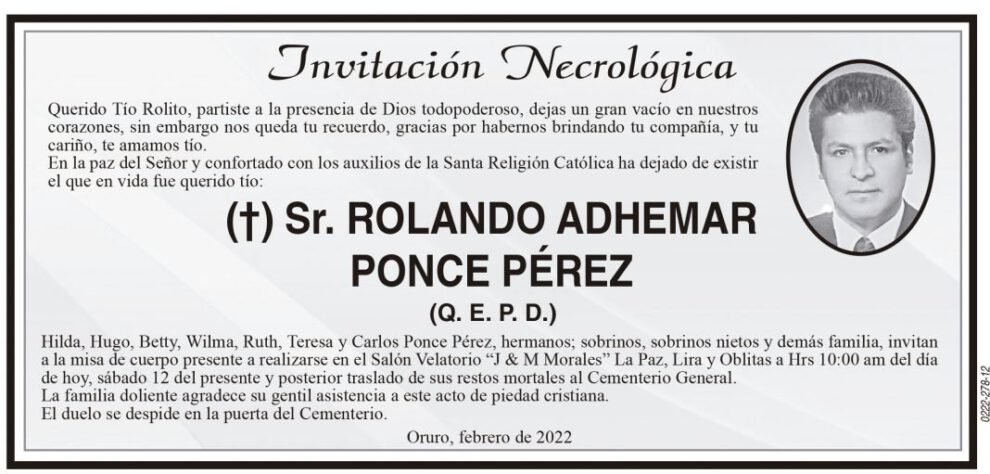 Invitación Necrológica para Rolando Adhemar Ponce Pérez