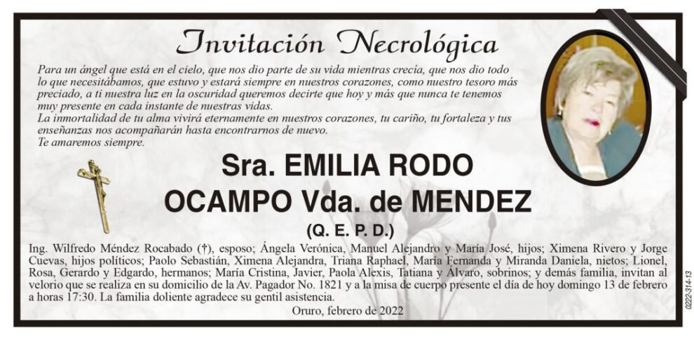 Invitación Necrológica para Emilia Rodo Ocampo