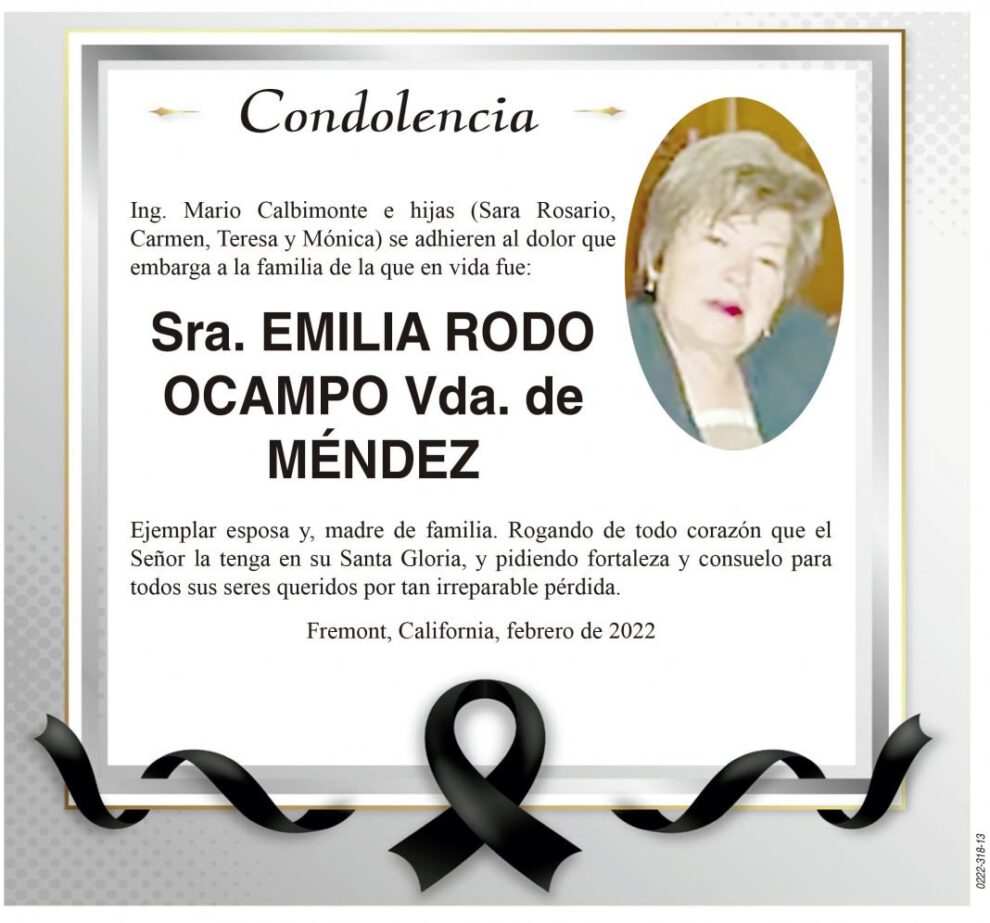 Condolencia por la Sra. Emilia Rodo Ocampo
