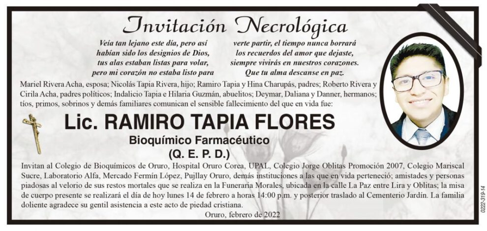 Invitación Necrológica: Lic. Ramiro Tapia Flores