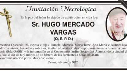Invitación Necrológica: Sr. Hugo Mercado Vargas (Q. E. P. D.)