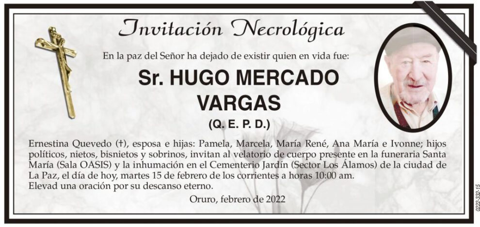 Invitación Necrológica: Sr. Hugo Mercado Vargas (Q. E. P. D.)
