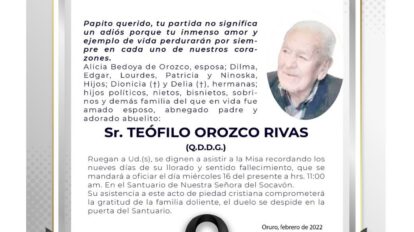 Invitación Religiosa para Teófilo Orozco Rivas