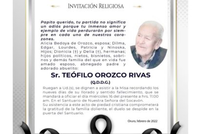 Invitación Religiosa para Teófilo Orozco Rivas
