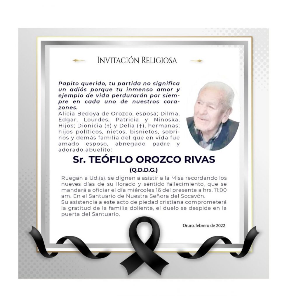 Invitación Religiosa para Teófilo Orozco Rivas