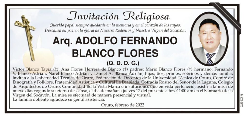 Obituarios de Arq. Adolfo Fernando Blanco Flores