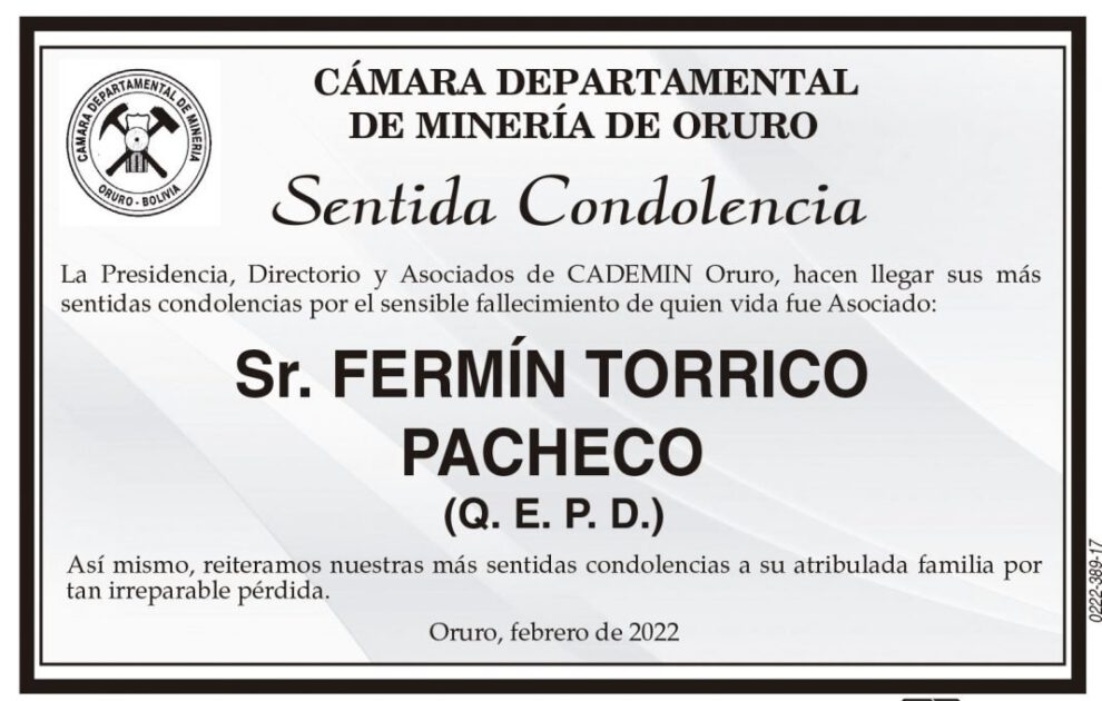 Condolencias por el fallecimiento de Fermín Torrico Pacheco