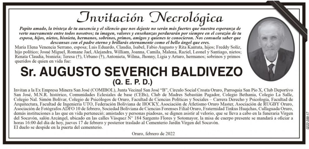 Invitación Necrológica para Augusto Severich Baldivezo