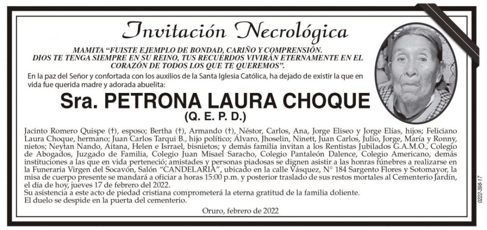 Invitación Necrológica de Petrona Laura Choque