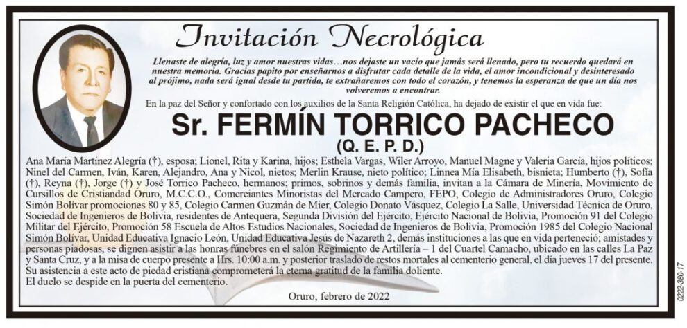 Invitación Necrológica de Fermín Torrico Pacheco