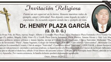 Invitación religiosa en memoria del Dr. Henry Plaza García