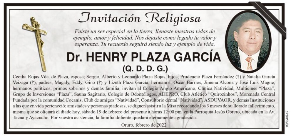 Invitación religiosa en memoria del Dr. Henry Plaza García