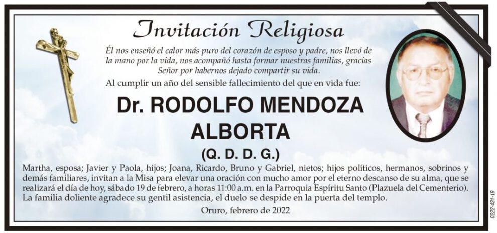 Invitación Religiosa por Dr. Rodolfo Mendoza Alborta