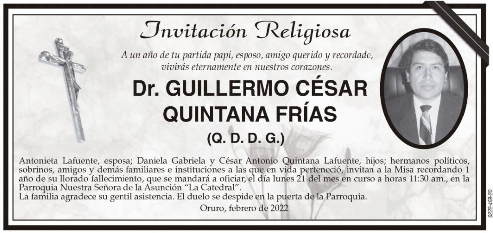 Invitación Religiosa para Dr. Guillermo César Quintana Frías