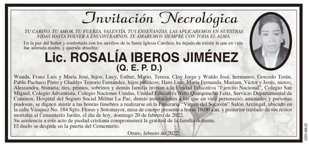 Lic. Rosalía Iberos Jiménez, invitación necrológica