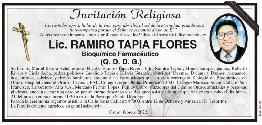 Invitación religiosa para Lic. Ramiro Tapia Flores