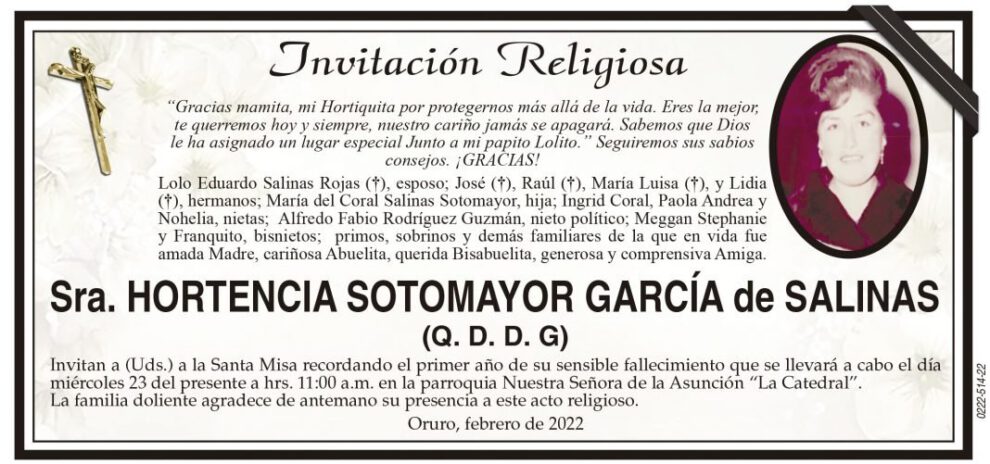 Invitación Religiosa en memoria de Hortencia Sotomayor García